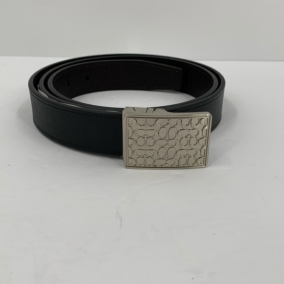 Coach reversible saffiano leather belt black brown silver plaque buckle men new - Picture 1 of 4
